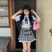 Cute 2pcs Set White Puff Ruffles Sleeve Shirt + Aline Pleated Preppy Mini Skirt Summer Aesthetic Casual E-Girl Kawaii Korean Japanese Harajuku - Thumbnail 1