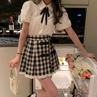 Cute 2pcs Set White Puff Ruffles Sleeve Shirt + Aline Pleated Preppy Mini Skirt Summer Aesthetic Casual E-Girl Kawaii Korean Japanese Harajuku - Thumbnail 3