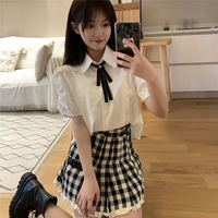 Cute 2pcs Set White Puff Ruffles Sleeve Shirt + Aline Pleated Preppy Mini Skirt Summer Aesthetic Casual E-Girl Kawaii Korean Japanese Harajuku - Thumbnail 4