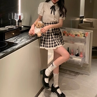 Cute 2pcs Set White Puff Ruffles Sleeve Shirt + Aline Pleated Preppy Mini Skirt Summer Aesthetic Casual E-Girl Kawaii Korean Japanese Harajuku - Thumbnail 5