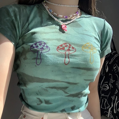 Cute vintage tie dye colorful mushroom print short sleeve shirt grunge goth punk summer aesthetic casual e-girl kawaii korean japanese harajuku - Thumbnail 3