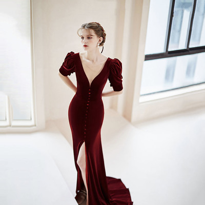 Burgundy velvet long prom dress mermaid evening dress - Thumbnail 2