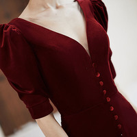 Burgundy velvet long prom dress mermaid evening dress - Thumbnail 3
