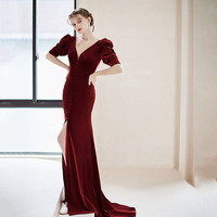Burgundy velvet long prom dress mermaid evening dress - Thumbnail 4