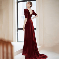 Burgundy velvet long prom dress mermaid evening dress - Thumbnail 5