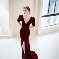 Burgundy velvet long prom dress mermaid evening dress - Thumbnail 6