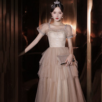 Cute tulle sequins long prom dress A line evening dress - Thumbnail 1