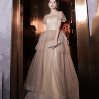 Cute tulle sequins long prom dress A line evening dress - Thumbnail 2