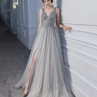 Gray tulle beads long prom dress A line evening dress - Thumbnail 1