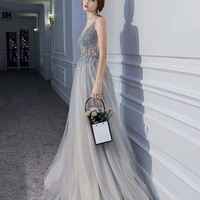 Gray tulle beads long prom dress A line evening dress - Thumbnail 2