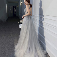Gray tulle beads long prom dress A line evening dress - Thumbnail 3