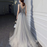Gray tulle beads long prom dress A line evening dress - Thumbnail 5