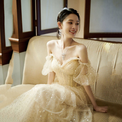 Champagne tulle sequins long prom dress evening dress - Thumbnail 1