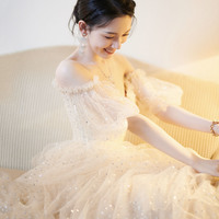 Champagne tulle sequins long prom dress evening dress - Thumbnail 2