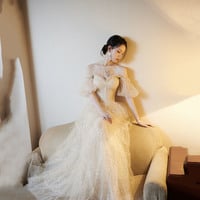 Champagne tulle sequins long prom dress evening dress - Thumbnail 3