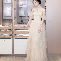 Champagne tulle sequins long prom dress evening dress - Thumbnail 4