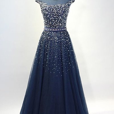 Stunning dark blue beaded prom dress,tulle evening dress,56 - Thumbnail 1