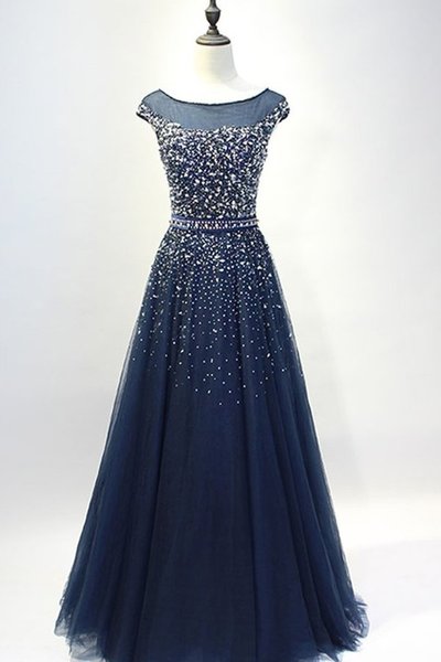 Stunning Dark Blue Beaded Prom Dress,Tulle Evening Dress,56