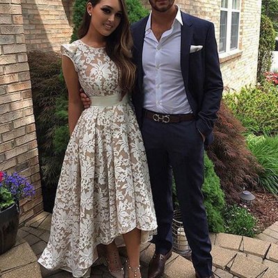 High low scoop long champagne lace prom/evening dress,737