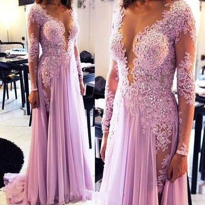 Long sleeve prom dress, 2021 prom dress, purple prom dress, lace prom dress, prom dress,738 - Thumbnail 5