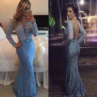 Blue prom dresses v neck mermaid lace - Thumbnail 1