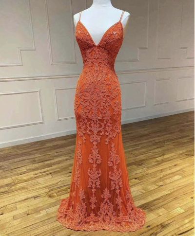 Orange Prom Dresses with Appliqué