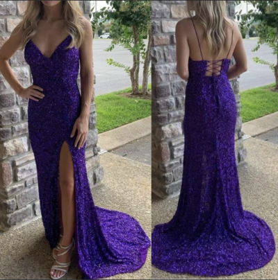 Grape Prom Dresses Slit Spaghetti Straps
