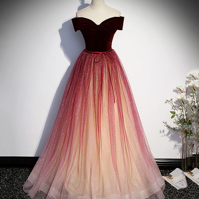 Burgundy tulle sequins long prom dress a line evening dress