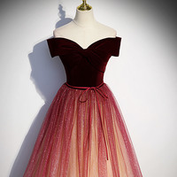 Burgundy tulle sequins long prom dress A line evening dress - Thumbnail 2