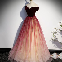 Burgundy tulle sequins long prom dress A line evening dress - Thumbnail 3