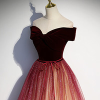 Burgundy tulle sequins long prom dress A line evening dress - Thumbnail 1