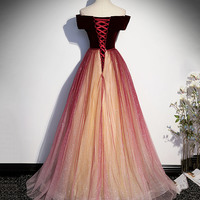Burgundy tulle sequins long prom dress A line evening dress - Thumbnail 4