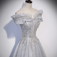 Gray tulle lace long prom dress A line evening gown - Thumbnail 1