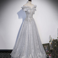 Gray tulle lace long prom dress A line evening gown - Thumbnail 2