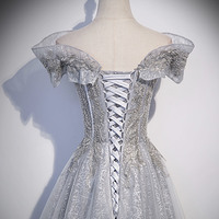 Gray tulle lace long prom dress A line evening gown - Thumbnail 3