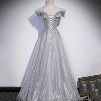 Gray tulle lace long prom dress A line evening gown - Thumbnail 4