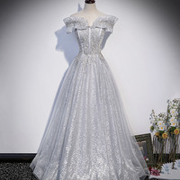 Gray tulle lace long prom dress A line evening gown - Thumbnail 6