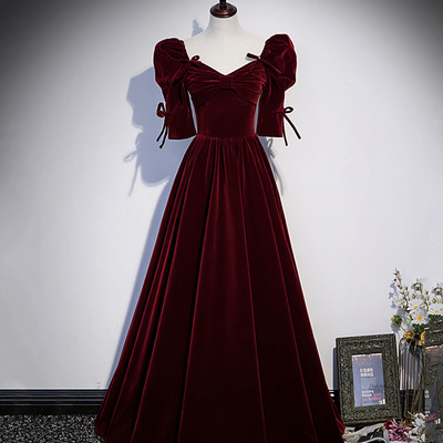 Burgundy velvet long prom dress a line evening dress - Thumbnail 4