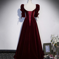 Burgundy velvet long prom dress A line evening dress - Thumbnail 4