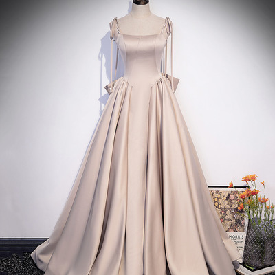 Cute satin long a line prom dress with bow - Thumbnail 3