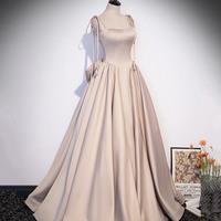 Cute satin long A line prom dress with bow - Thumbnail 2