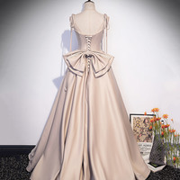 Cute satin long A line prom dress with bow - Thumbnail 3