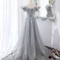 Gray tulle sequins long prom dress shiny evening dress - Thumbnail 1