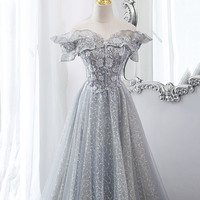 Gray tulle sequins long prom dress shiny evening dress - Thumbnail 2