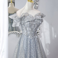 Gray tulle sequins long prom dress shiny evening dress - Thumbnail 3