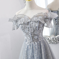 Gray tulle sequins long prom dress shiny evening dress - Thumbnail 4
