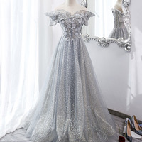 Gray tulle sequins long prom dress shiny evening dress - Thumbnail 6