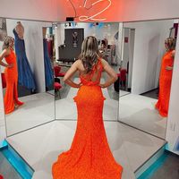 Sparkly Mermaid Orange Sequins Long Prom Dress with Slit - Thumbnail 2