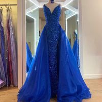 Sparkly Mermaid V Neck Royal Blue Sequins Prom Dress with Detachable Organza Bottom Dress - Thumbnail 1