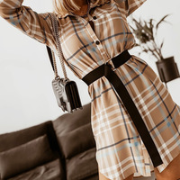 Sexy Khaki Check Long Sleeve Dress - Thumbnail 3